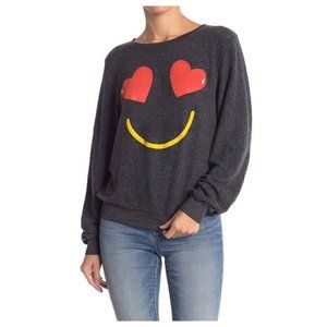 WILDFOX Women's Grey Smiley Heart Eyes Fleece Pullover Sweater Sz XS